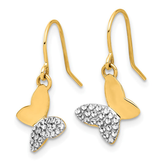 14k and White Rhodium Diamond-cut Butterfly Dangle French Hook Earrings