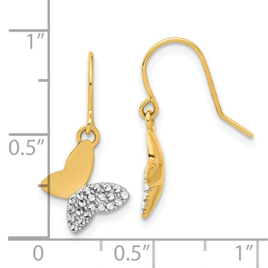 14k and White Rhodium Diamond-cut Butterfly Dangle French Hook Earrings