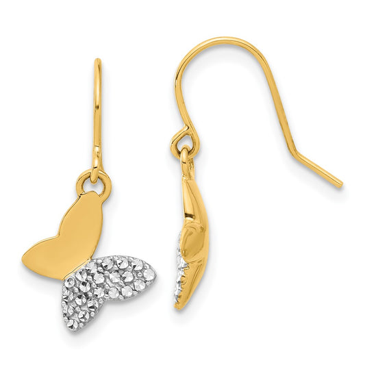 14k and White Rhodium Diamond-cut Butterfly Dangle French Hook Earrings