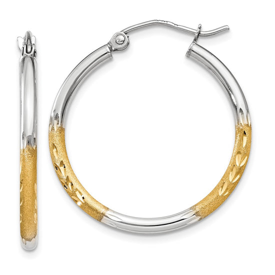 2mm Gold White Rhodium Diamond-cut Hoop Earrings