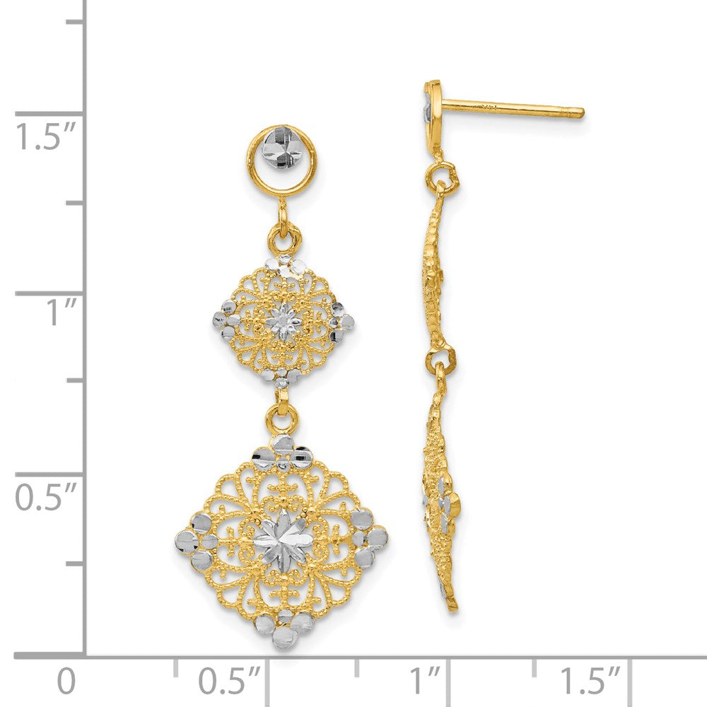 14k and White Rhodium Diamond-cut Filigree Dangle Post Earrings