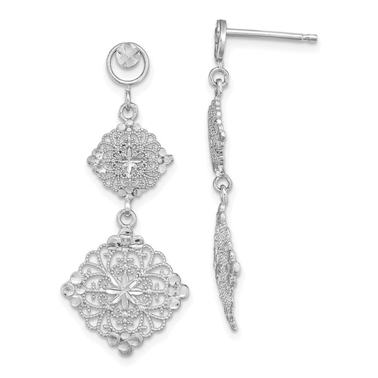 14K White Gold Diamond-cut Filigree Dangle Post Earrings