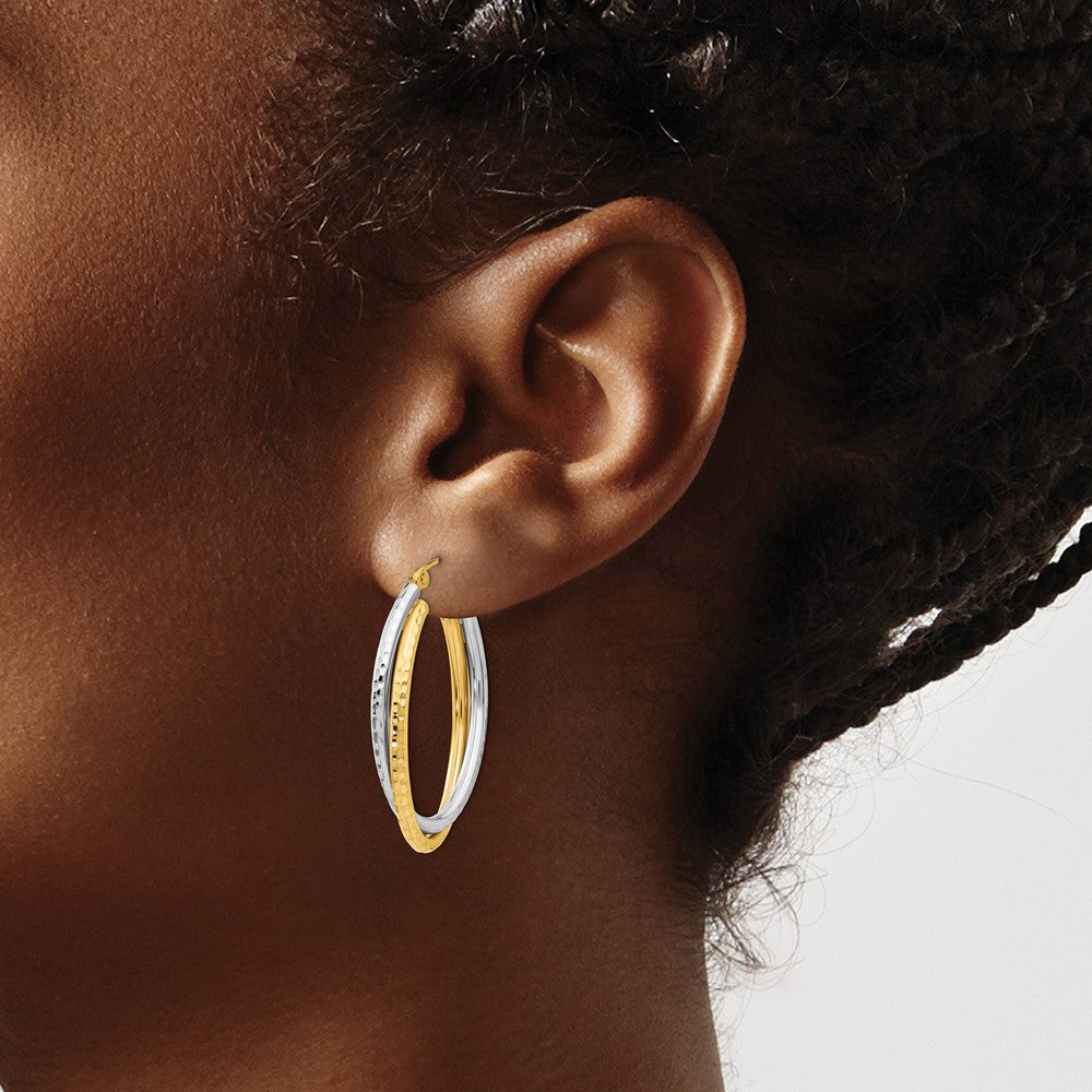 Gold Two-tone Diamond-cut Twisted Oval Hoop Earrings