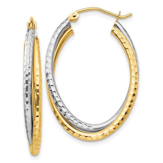 Gold Two-tone Diamond-cut Twisted Oval Hoop Earrings
