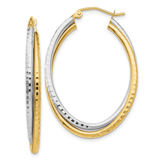 Gold Two-tone Diamond-cut Twisted Oval Hoop Earrings