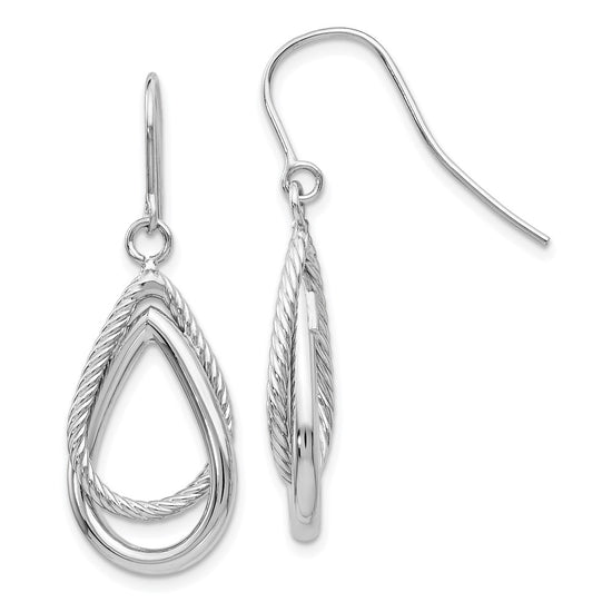 14K White Gold Polished and Textured Teardrop Dangle French Hook Earrings