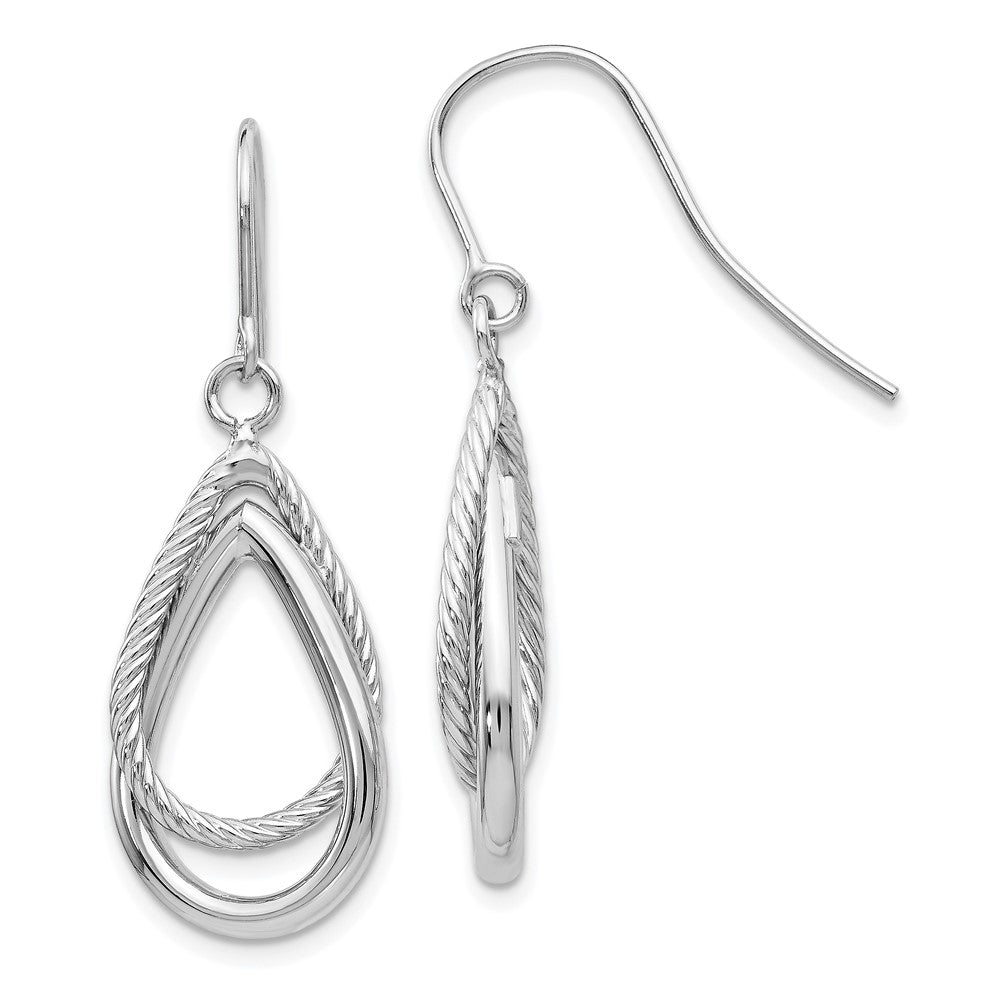 14K White Gold Polished and Textured Teardrop Dangle French Hook Earrings