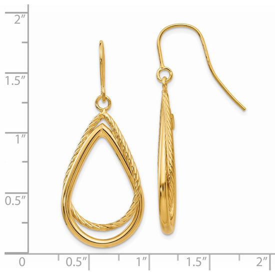 14K Polished and Textured Teardrop Dangle French Hook Earrings