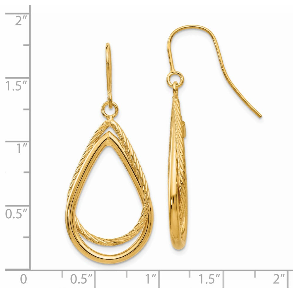 14K Polished and Textured Teardrop Dangle French Hook Earrings