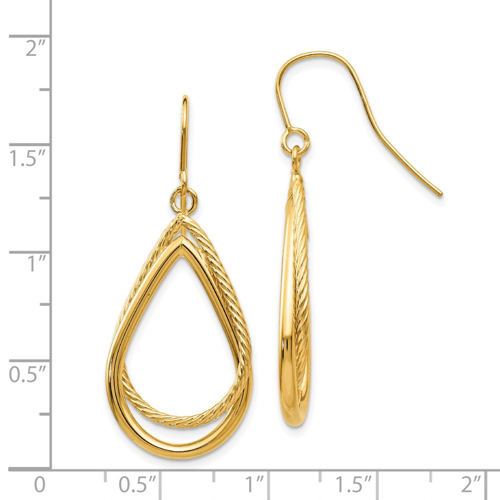 14K Polished and Textured Teardrop Dangle French Hook Earrings
