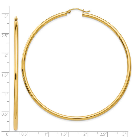 14k 2.25x70mm Polished Round Tube Hoop Earrings