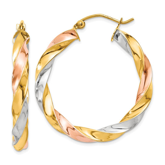 4mm Gold Tri-color Twisted Hoop Earrings