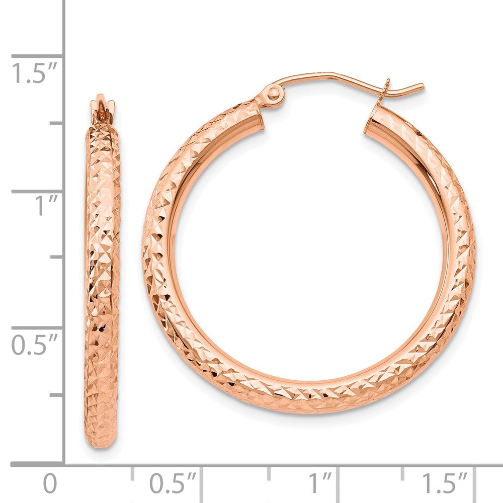 14k Rose Gold 3x30mm Diamond-cut Round Tube Hoop Earrings