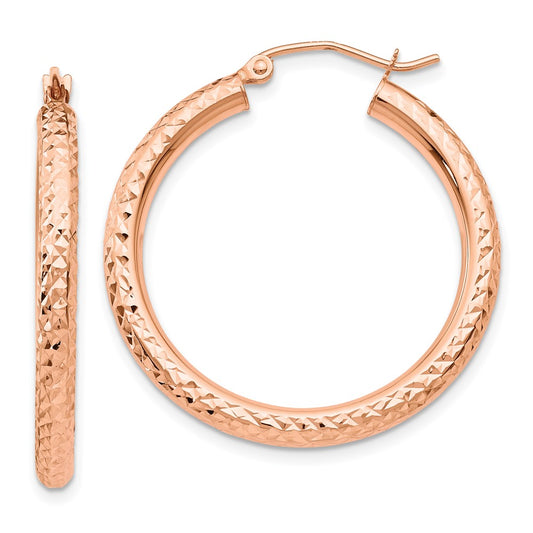14k Rose Gold 3x30mm Diamond-cut Round Tube Hoop Earrings