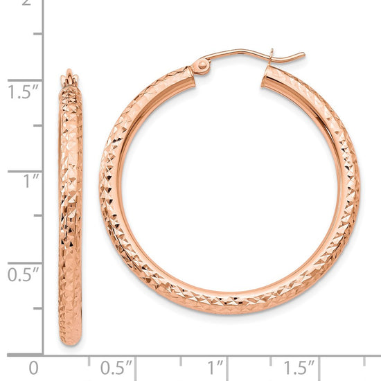 14k Rose Gold 3x35mm Diamond-cut Round Tube Hoop Earrings
