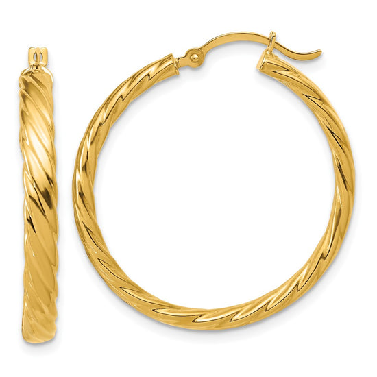 14K Large 3mm Patterned Hoop Earrings