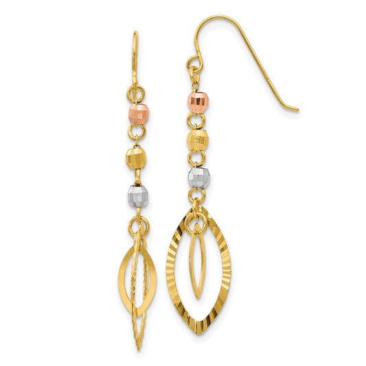 14K Tri-Color Diamond-cut Bead Oval Dangle French Hook Earrings
