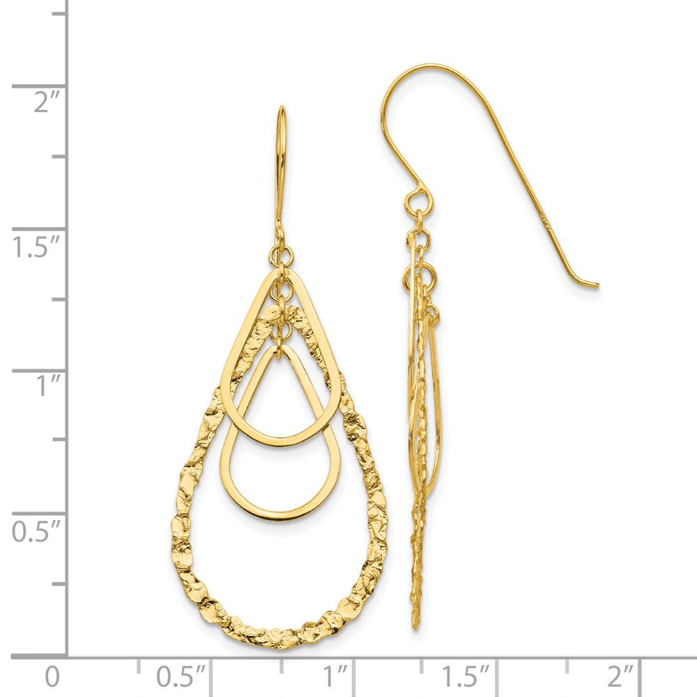 14K Polished and Textured Teardrops Dangle French Hook Earrings