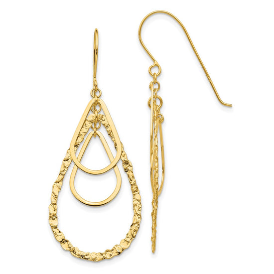 14K Polished and Textured Teardrops Dangle French Hook Earrings