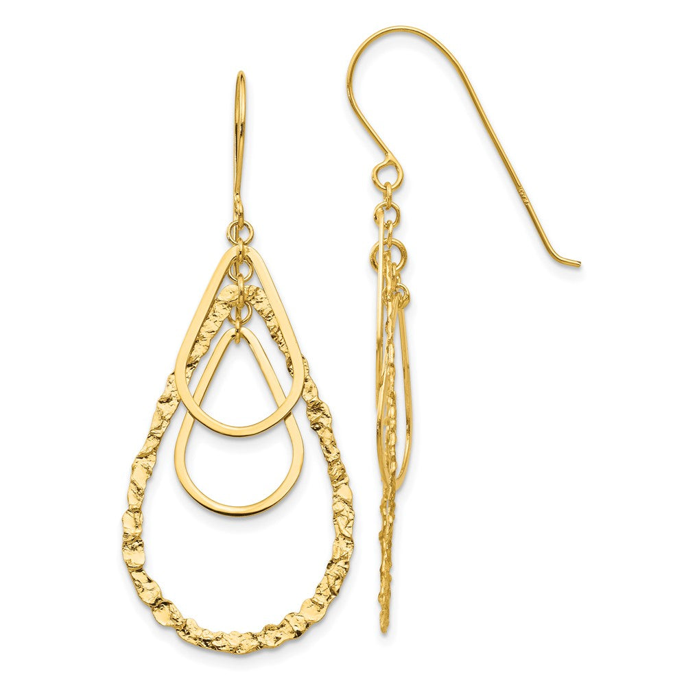 14K Polished and Textured Teardrops Dangle French Hook Earrings