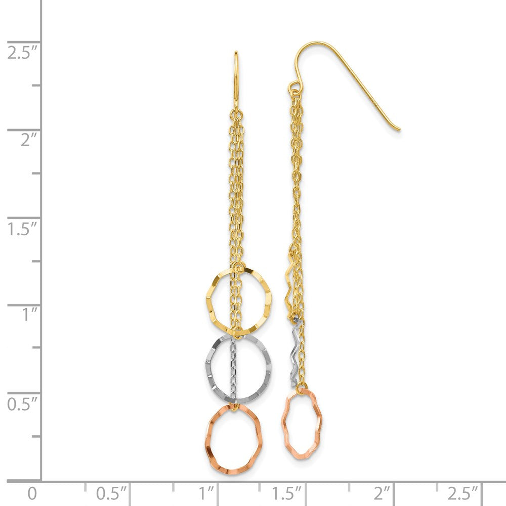 14K Tri-Color Faceted Circles and Chain Dangle French Hook Earrings