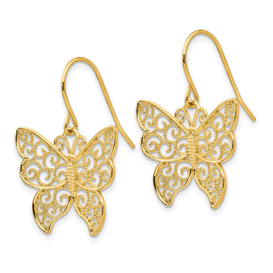 14K Large Filigree Butterfly Dangle French Hook Earrings