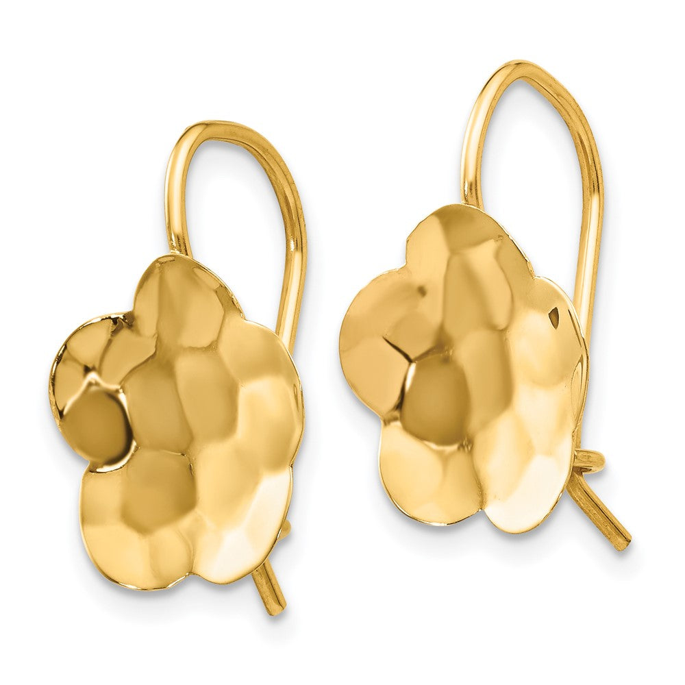 14k Concave Hammered 13mm Flower Disc Kidney Wire Earrings