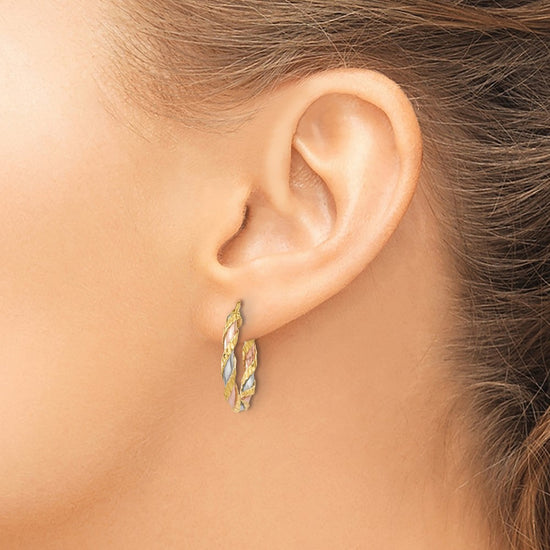14K with White & Rose Rhodium Textured Twisted Hoop Earrings