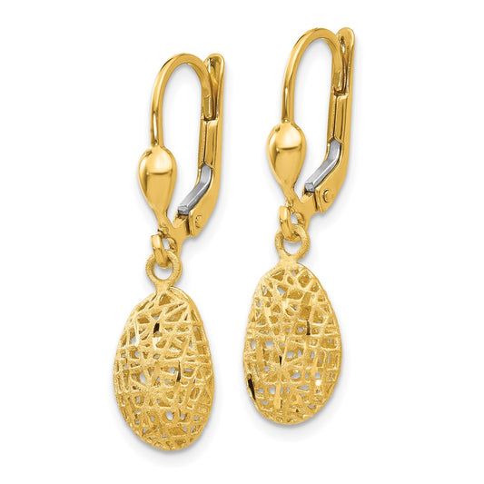14K Polished Diamond-cut Satin Puffed Oval Dangle Leverback Earrings