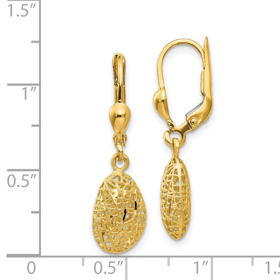 14K Polished Diamond-cut Satin Puffed Oval Dangle Leverback Earrings