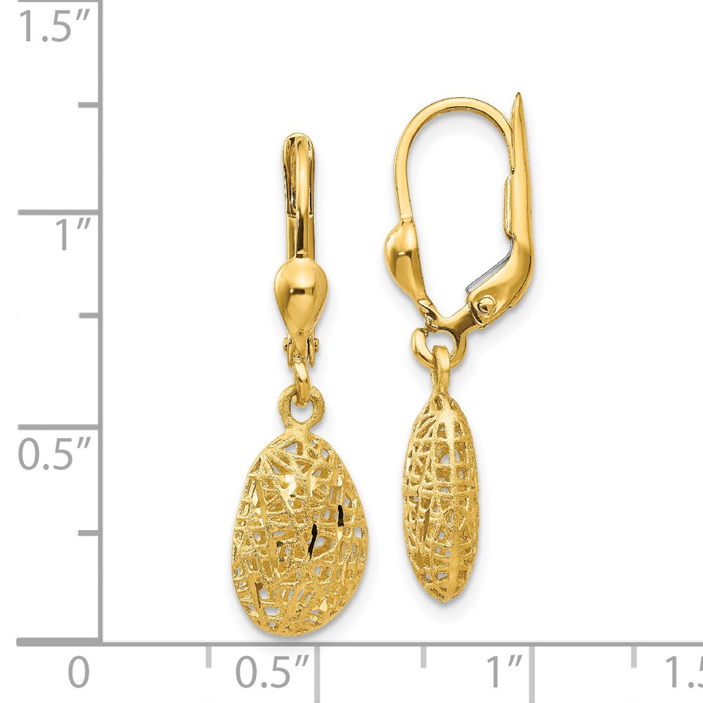 14K Polished Diamond-cut Satin Puffed Oval Dangle Leverback Earrings