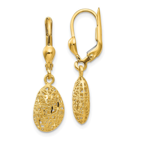 14K Polished Diamond-cut Satin Puffed Oval Dangle Leverback Earrings