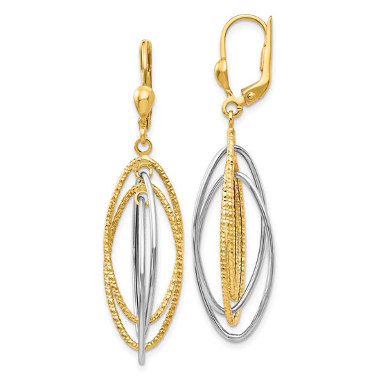 14K Two-Tone Textured and Polished Ovals Dangle Leverback Earrings
