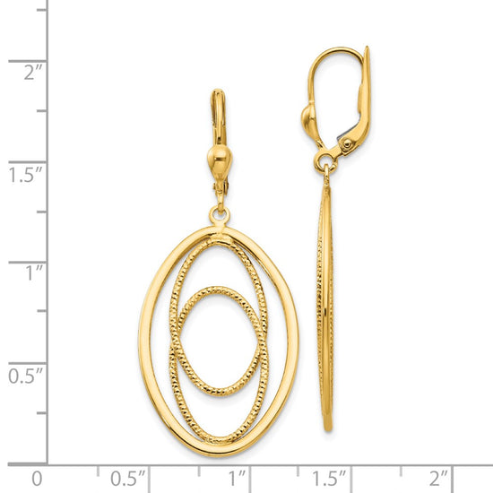 14K Textured and Polished Oval Design Dangle Leverback Earrings