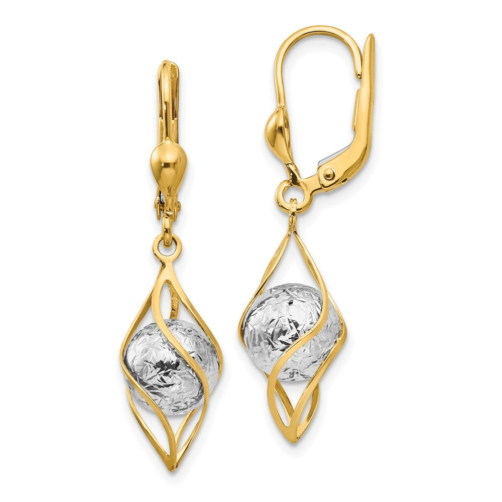 14K Two-tone Polished Diamond-cut Bead and Twist Dangle Leverback Earrings