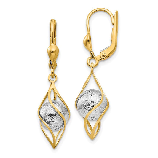 14K Two-tone Polished Diamond-cut Bead and Twist Dangle Leverback Earrings