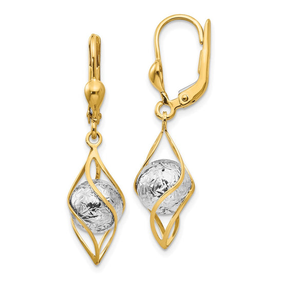 14K Two-tone Polished Diamond-cut Bead and Twist Dangle Leverback Earrings