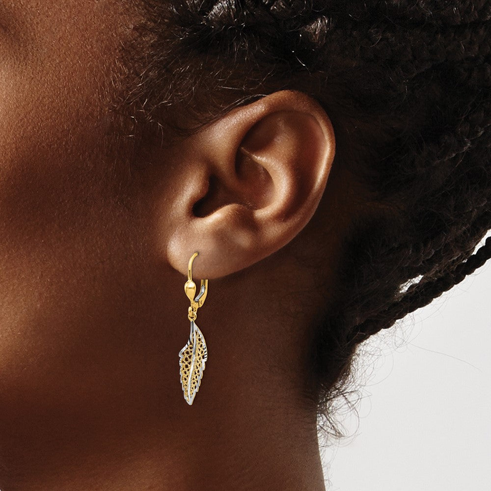 14K and White Rhodium Polished and Textured Filigree Leaf Dangle Leverback Earrings