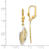 14K and White Rhodium Polished and Textured Filigree Leaf Dangle Leverback Earrings