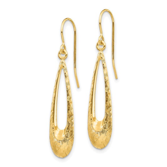 14k Polished and Textured Teardrop Dangle French Hook Earrings