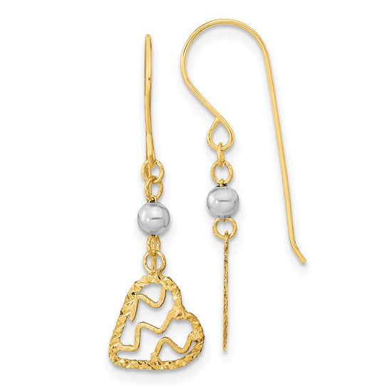 14k Two-tone Satin Diamond-cut Heart Dangle French Hook Earrings