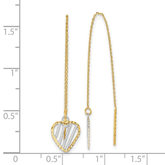 14k and White Rhodium Polished/Satin/Diamond-cut Heart Threader Earrings