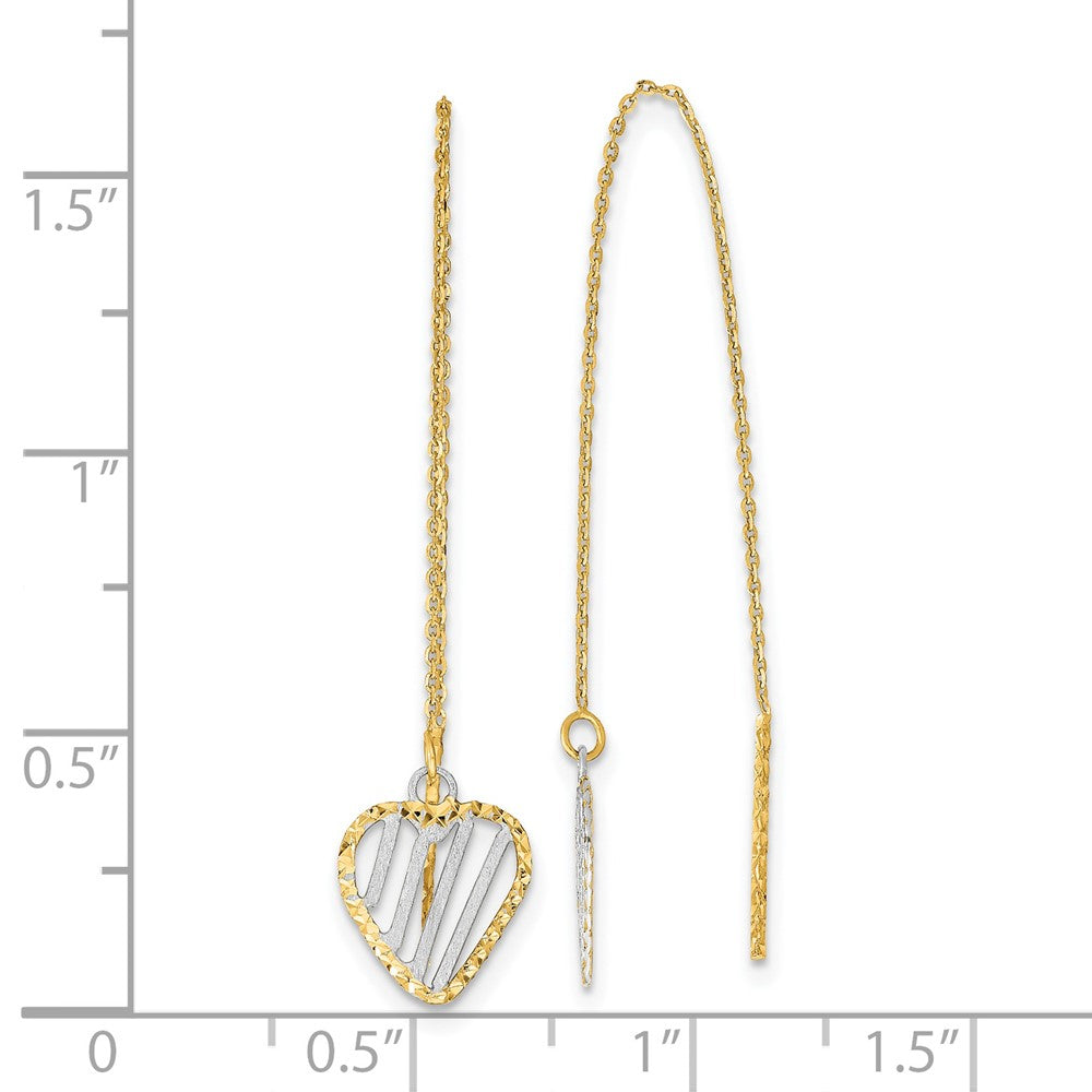 14k and White Rhodium Polished/Satin/Diamond-cut Heart Threader Earrings