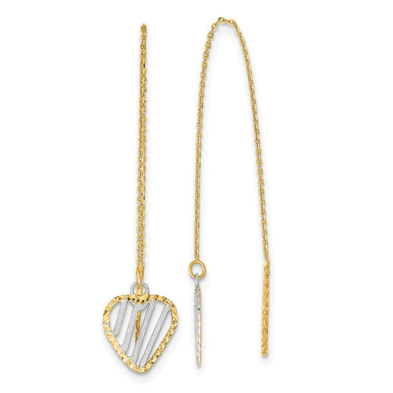 14k and White Rhodium Polished/Satin/Diamond-cut Heart Threader Earrings