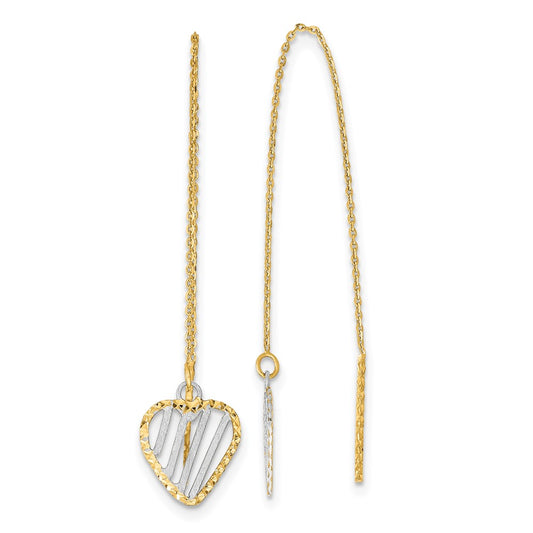 14k and White Rhodium Polished/Satin/Diamond-cut Heart Threader Earrings