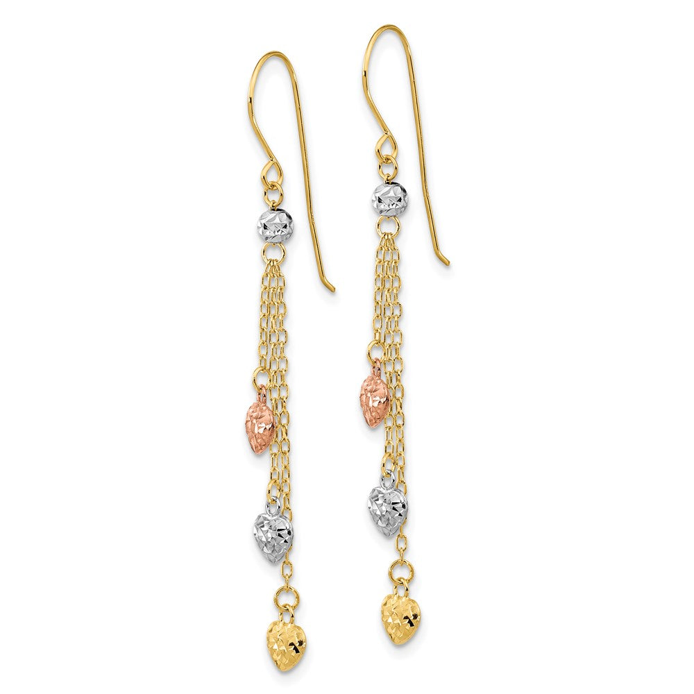 14k Tri-color Diamond-cut Triple Heart and Chain Dangle French Hook Earrings