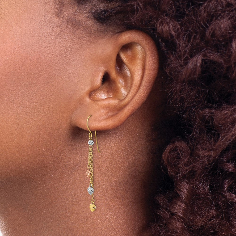 14k Tri-color Diamond-cut Triple Heart and Chain Dangle French Hook Earrings