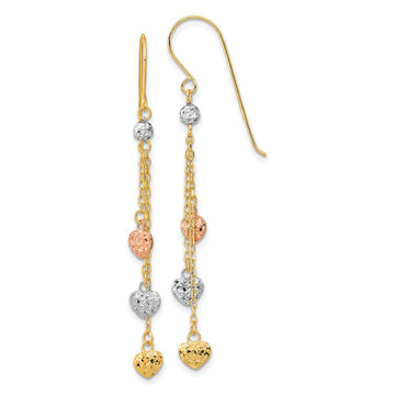 14k Tri-color Diamond-cut Triple Heart and Chain Dangle French Hook Earrings