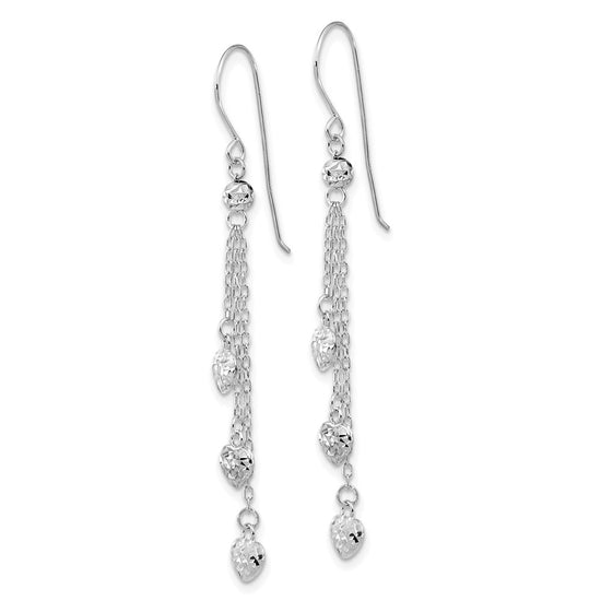 14k White Gold Diamond-cut Triple Heart and Chain Dangle French Hook Earrings