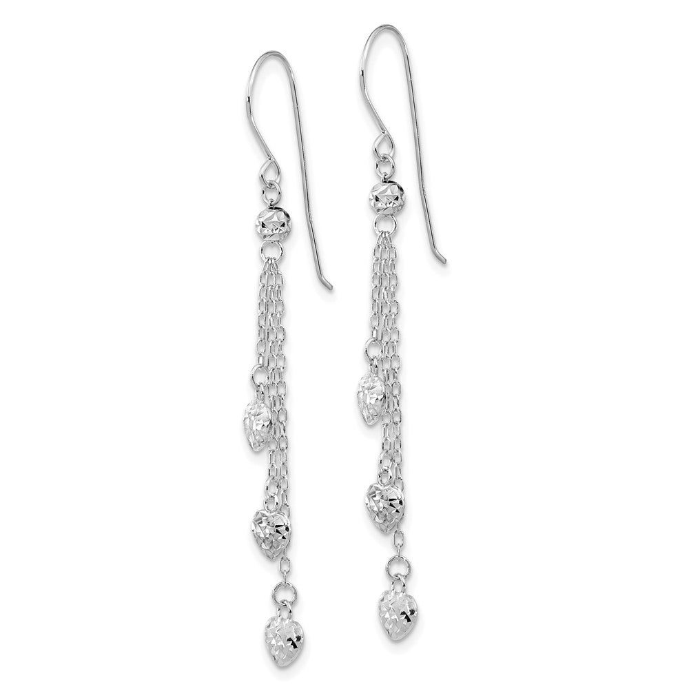 14k White Gold Diamond-cut Triple Heart and Chain Dangle French Hook Earrings